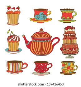 Set cups, cakes and kettle  - vector