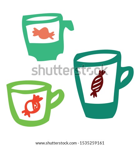 Set of cups with candies. Colorful, possitive design for decorations. Graphic simple hand drawn cups. Green, red, yellow, pink. Good for party decorations. Morning coffee, tea, cacao. Refreshing drink