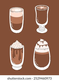 Set of cups with cappuccino coffee. Flat vector illustration.