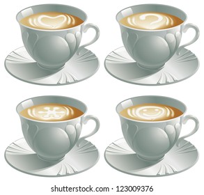 Set of cups with cappuccino. Vector illustration of four cups with cappuccino and pictures heart, smile, snowflake, question