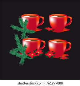 A set of cups with a Christmas flower and spruce branches.