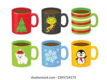 Set of cups with Christmas and New Year decorations. Collection of colorful mugs with dragon, Christmas tree, snowflake,  penguin and polar bear. Vector cute cartoon illustration.