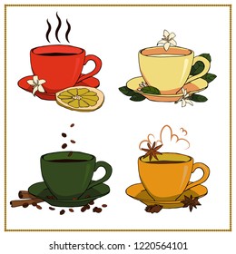 set of cups of coffee and black and white tea vector