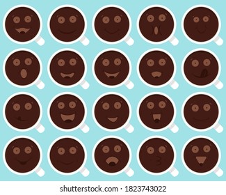 Set of cups with coffee, cacao, hot chocolate and cheerful emoticons, smiley, emoji and other funny faces. Vector illustration.
