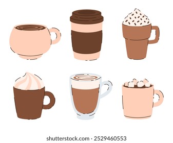 Set of cups with coffee. Cappuccino, latte, espresso. Flat vector illustration.