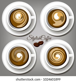 Set of cups with coffee and with different coffee divorces. Vector illustration.