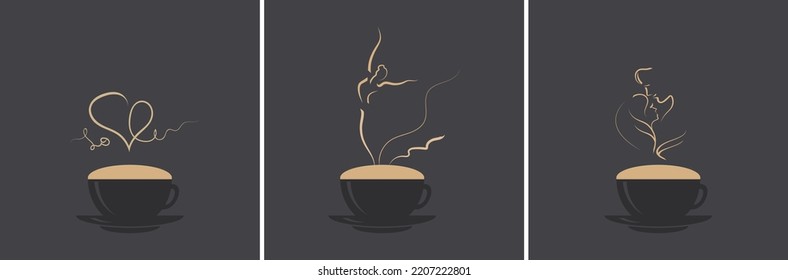 Eine Reihe von Tassen mit einem Kaffee mit Schaumstoff und Dampf in Form von verschiedenen Silhouetten eines Herzens, eine tanzende Frau und romantisches Paar auf dunklem Hintergrund. Vektorgrafik im Flachstil