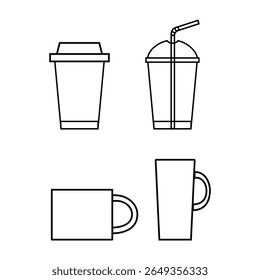 Set of cups for coffee, ice and hot drinks. Black and white. Flat style vector illustration.