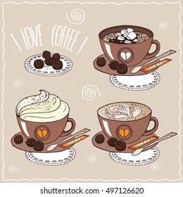 Set of cups of coffee, with marshmallow, whipped cream, pattern of milk foam, on saucer with spoon, sugar stick and chocolate candies. Handmade cartoon style. Vector illustration