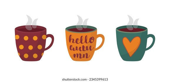 Set of Cups of Coffee or a Mug of Tea in Autumn colors, hot drink editable icons for menu of coffee shop or cafe