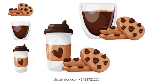 Set of cups of coffee, oatmeal cookies with chocolate. Disposable paper cup to go and glass mug. Collection of cartoon vector illustration. Snack, delicious cozy food and drinks.