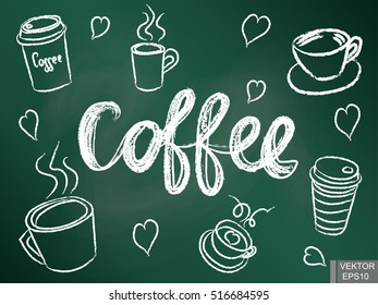 A set of cups for coffee on a chalkboard. Morning invigorating drink