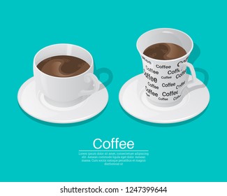 A set of cups from coffee on the isolated green background. Elements for design.3D. Isometry. Realistic vector illustration.