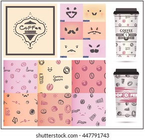 set with cups of coffee, patterns and faces with a mustache.