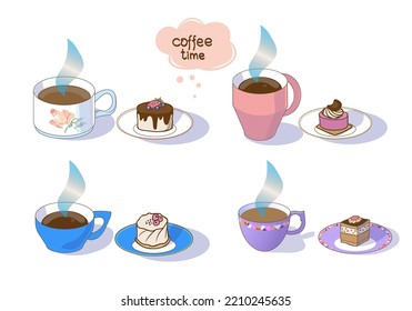 Set aus den Tassen Kaffee und ein Stück Kuchen. Vektorgrafik