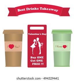 A set of cups for coffee takeaway vector white background banner for product advertising cafe restaurant design Valentine's Day