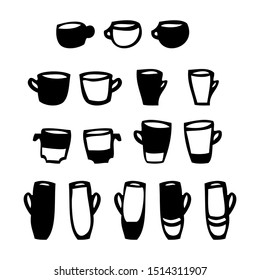 The set of cups for coffee and tea in graphical style. The black and white hand drawn isolated cups on white background. Simple and elegant design for prints and decorations