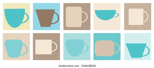 Set of cups for coffee and tea, vector drawing in cartoon style. Icons for web screensavers.