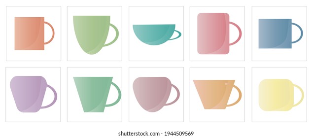 Set of cups for coffee and tea, vector drawing in cartoon style. Icons for web screensavers.