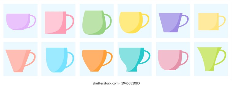 Set of cups for coffee and tea, vector drawing in cartoon style. Icons for web screensavers.