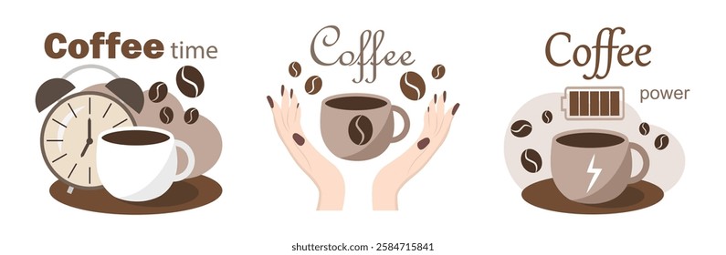 A set with cups of coffee and text on a white background. The power of coffee. Coffee time. A cup of black coffee in a woman's hands