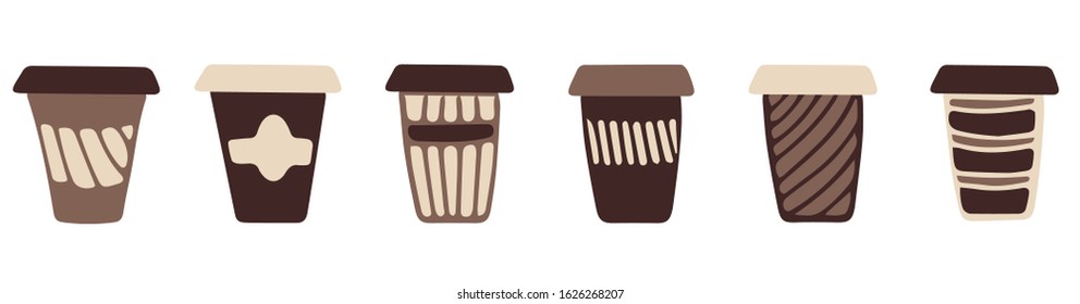 Set of cups for coffee. Vector isolated illustration. Hand draw style.