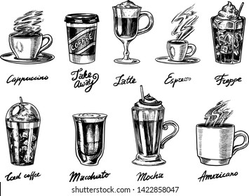 Set of cups of coffee in vintage style. Take away Cappuccino and Glace, espresso and latte, mocha and Americano, frappe in a glass. Hand drawn engraved retro sketch.