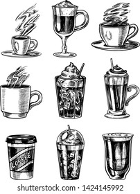 Set of cups of coffee in vintage style. Take away Cappuccino and Glace, espresso and latte, mocha and Americano, frappe in a glass. Hand drawn engraved retro sketch.
