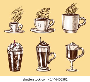 Set of cups of coffee in vintage style. Take away Cappuccino and Glace, espresso and latte, mocha and Americano, frappe in a glass. Hand drawn engraved retro sketch.