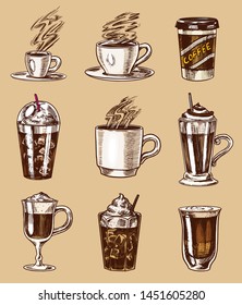 Set of cups of coffee in vintage style. Take away Cappuccino and Glace, espresso and latte, mocha and Americano, frappe in a glass. Hand drawn engraved retro sketch.