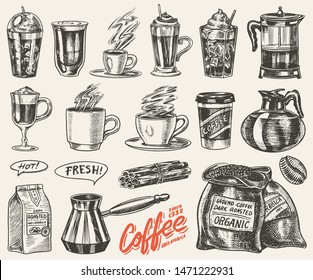 Set of cups of coffee in vintage style. Take away Cappuccino and Glace, espresso and latte, mocha and Americano, frappe in a glass. Hand drawn engraved retro sketch.