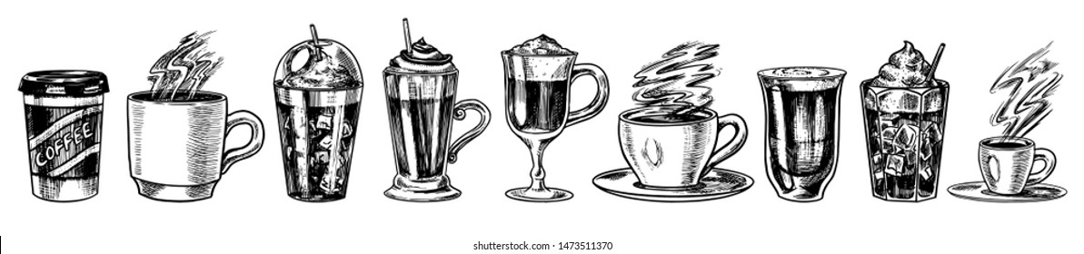 Set of cups of coffee in vintage style. Take away Cappuccino and Glace, espresso and latte, mocha and Americano, frappe in a glass. Hand drawn engraved retro sketch.