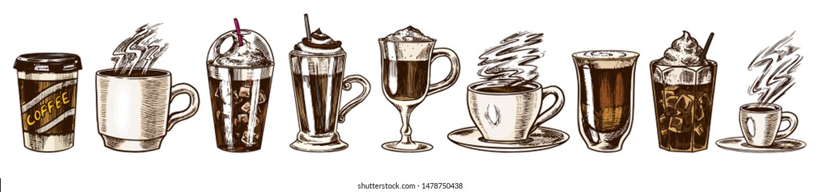 Set of cups of coffee in vintage style. Take away Cappuccino and Glace, espresso and latte, mocha and Americano, frappe in a glass. Hand drawn engraved retro sketch.