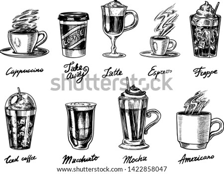 Set of cups of coffee in vintage style. Take away Cappuccino and Glace, espresso and latte, mocha and Americano, frappe in a glass. Hand drawn engraved retro sketch.