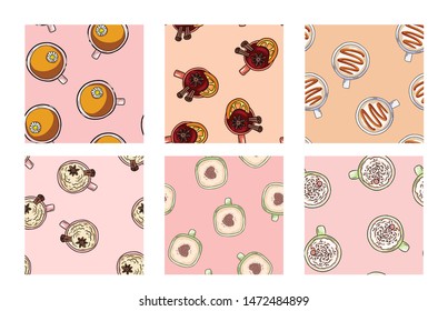 Set of cups of coffee and yummy drinks cute seamless patterns in pastel colors. Texture tile