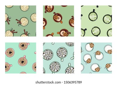 Set of cups of coffee and yummy drinks cute seamless patterns in pastel colors. Texture tile