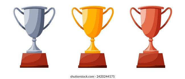 Set of cups with curly handles. Winners cups, awards. Champions trophy, winning goblets. Prize reward icons. Shiny champion's cups for championships. Symbols of victory in sporting event, competition