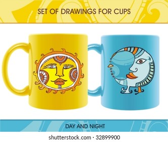 Set of cups for day and night. To see similar, please VISIT MY PORTFOLIO

