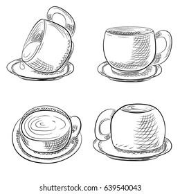 Set of cups in different angles drawn in black ink