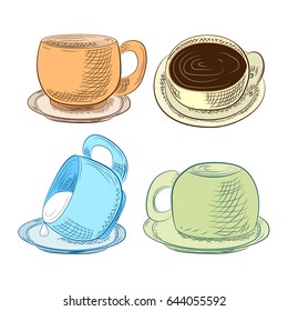 Set of cups in different angles drawn with ink, colored