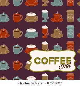 Set of cups with different coffee drinks on old carboard. Eps10