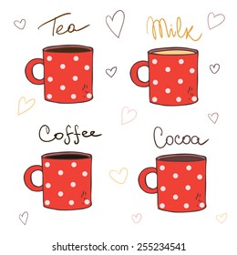 A set of cups with different drinks - tea, coffee, cocoa and milk. Vector illustration.