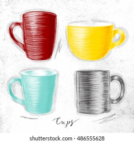 Set of cups different forms drawing in red, yellow, turquoise, gray color on dirty paper background