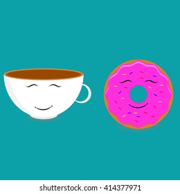A set of cups and donut in cartoon style on a blue background. Vector illustration. Icon, menu item character.
