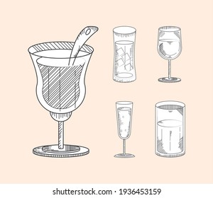 Set Cups Drink Beverages Sketch