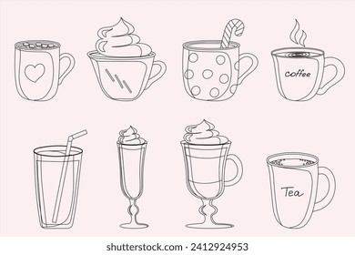 Set of cups and drinks, different types of cups and glasses, hand drawn,  vector design