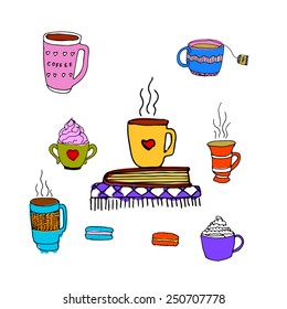 A set of cups with drinks and sweets.