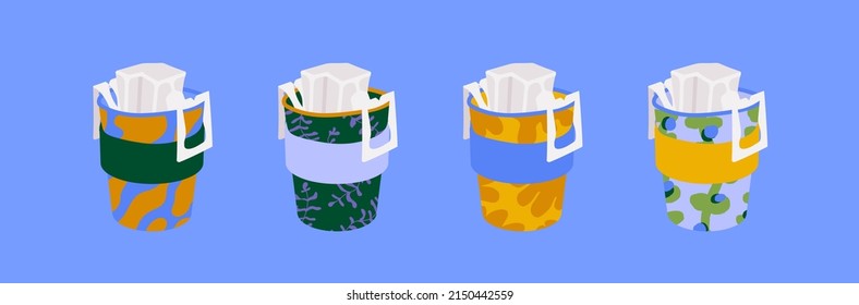 Set Of Cups With Drip Coffee. Pour Over Alternative Brewing Of Espresso Or Americano. Colored Mug With Different Patterns. Cartoon Hand Drawn Illustration. Trendy To Go Cafe Concept. Isolated Vector