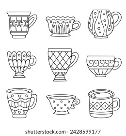 Conjunto de elementos de tazas en estilo doodle. Adecuado para decorar cafés y tiendas. Ilustración vectorial.