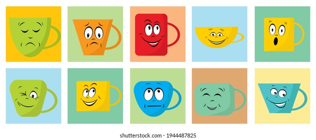 Set of cups with a face and a smile for coffee and tea, vector drawing in cartoon style. Icons for web screensavers.